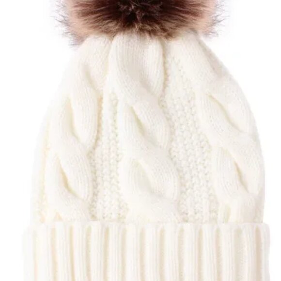 2/$30 White Cable-Knit Beanie Hat with Pom-Pom Autumn Winter Women Men Unisex - Picture 4 of 6